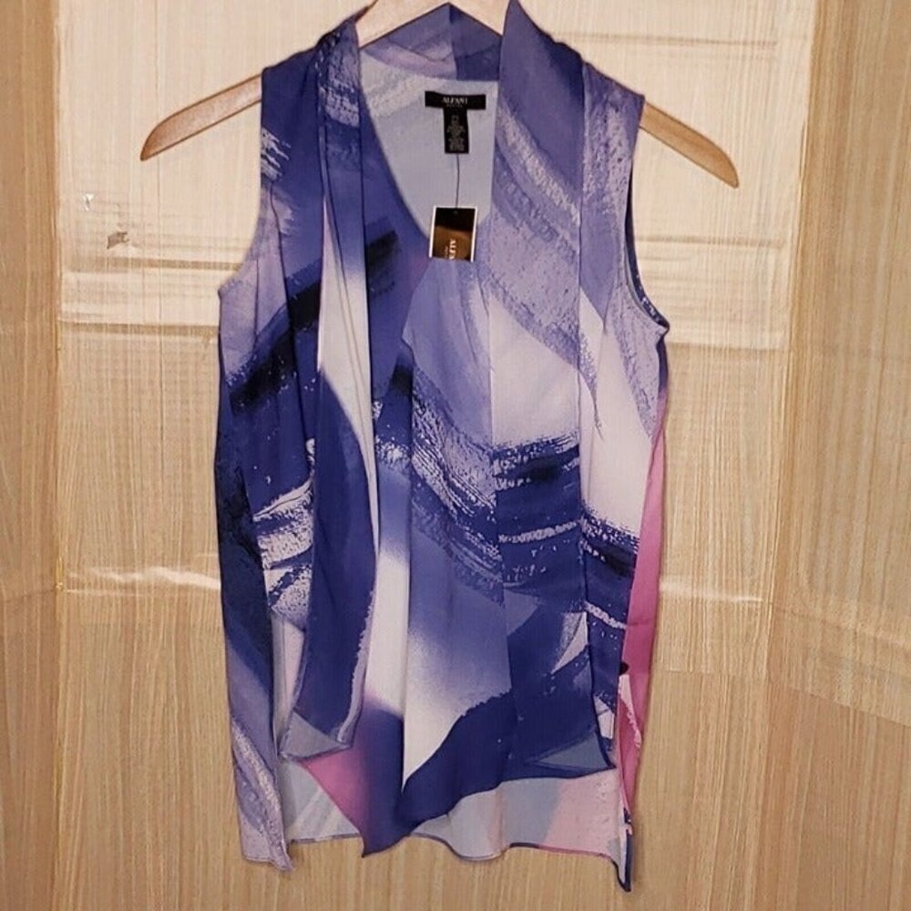 Alfani Petite Womens New Blue Purple Watercolor Sleeveless Blouse Small